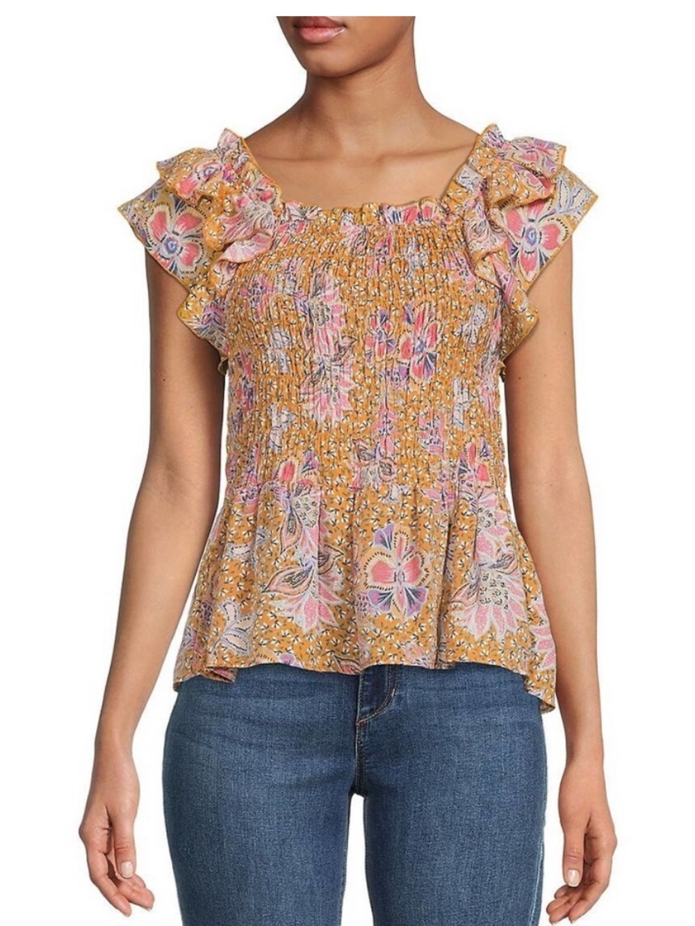 Nanette Lepore Boho Floral Shirred/smocked Flutter Top in Burnt Orange Medium